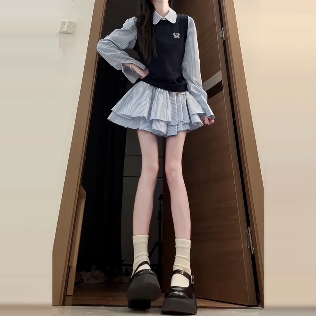 韩系学院风衬衫连衣裙子女2025新款早秋巨好看小个子穿搭一整套装