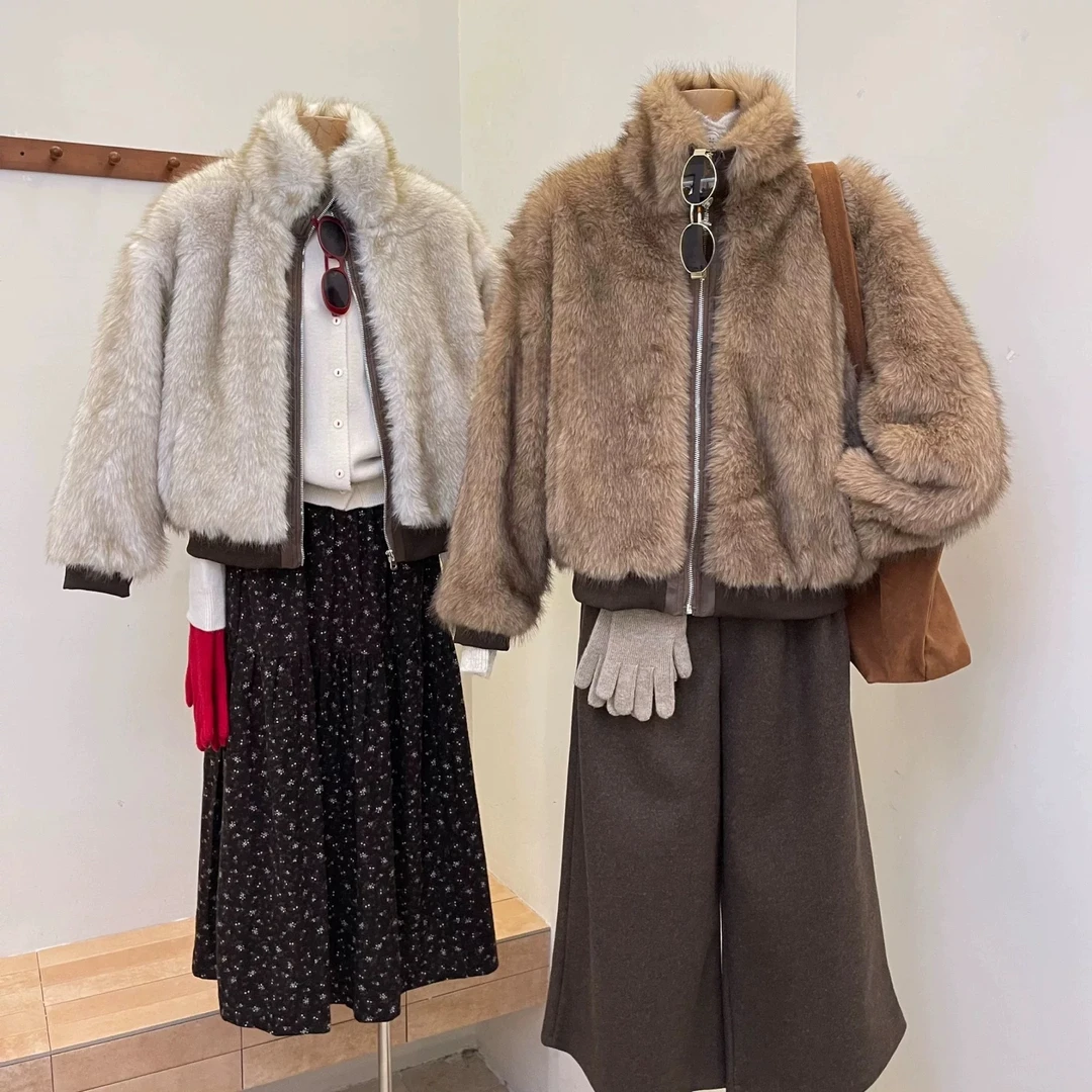 2025冬季新款韩版休闲环保毛渐变色立领毛毛外套时尚保暖夹棉棉服