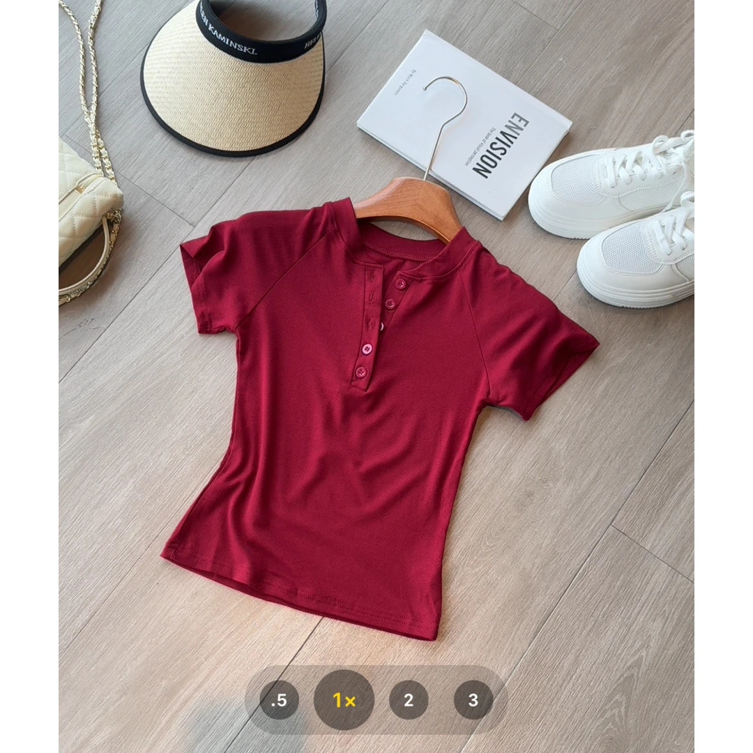 玳妮【排扣T】夏季螺纹领口单排扣随身显瘦弹力短袖T恤韩版气质上衣