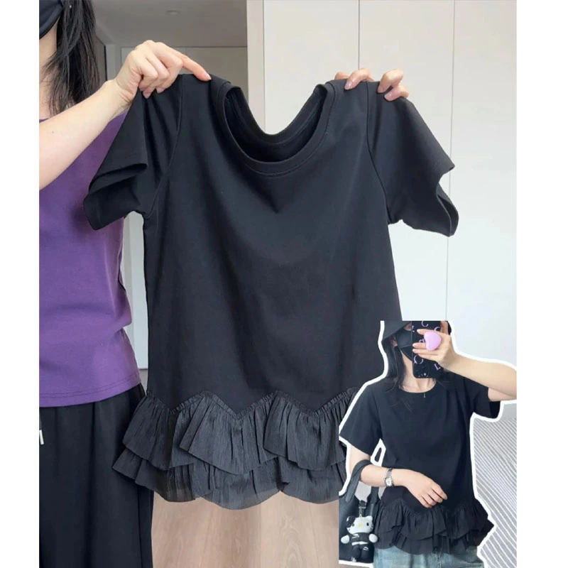 特大码200斤日系chic小清新独特花边设计感正肩圆领短袖t恤女夏季