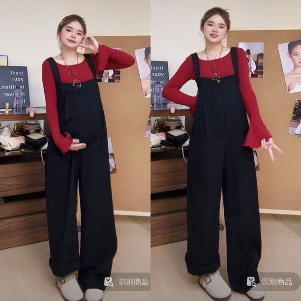 韩版气质高级2025秋季新品孕妇套装水洗牛仔背带裤打底衣两件套
