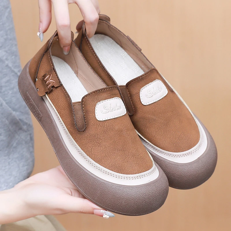 春秋新款休闲鞋女圆头一脚蹬防滑单鞋软底舒适妈妈鞋子欧若智性风