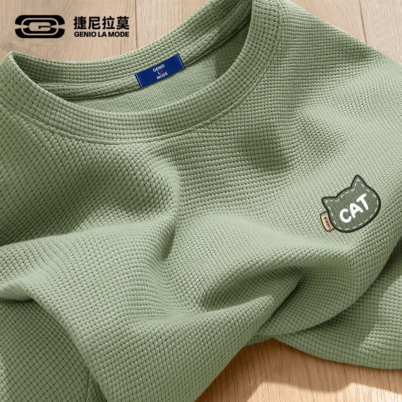 GENIOLAMODE重磅华夫格短袖男2025夏垂感透气情侣卡通猫咪t恤半袖