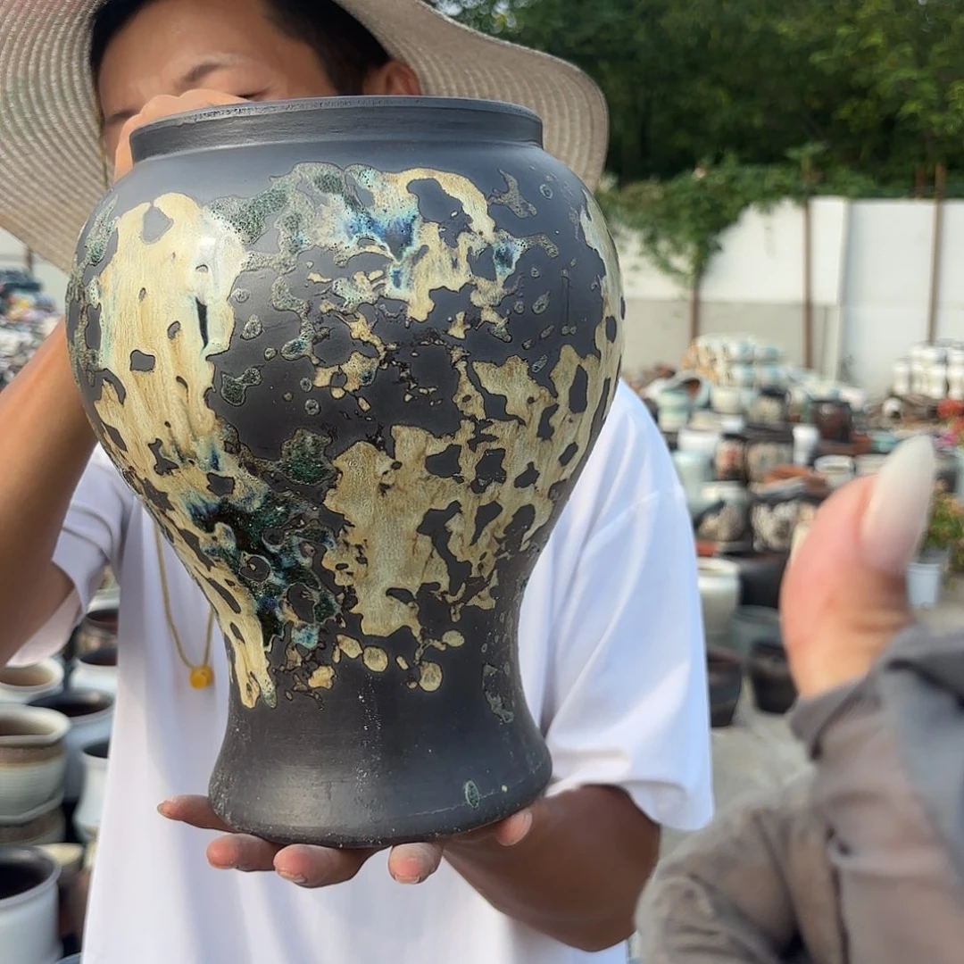 花盆紫砂油画鱼尾一个口径16*27