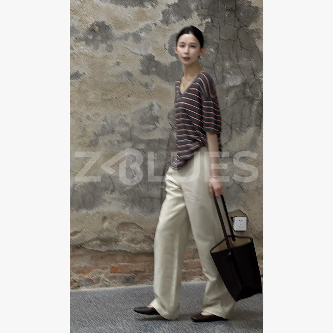 Z.blues【海魂衫】亚麻混纺V领针织短袖T恤衫YZQSH9401