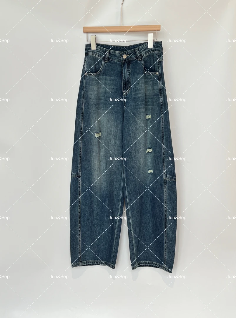 WMeng.破洞弯刀*小众极简百搭显瘦拖地弯刀牛仔裤JS-N-25052501