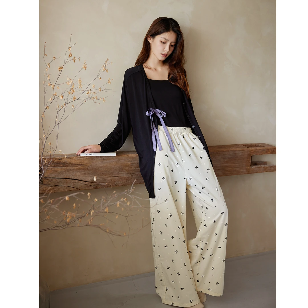 美腾带胸垫睡衣女春秋莫代尔长袖吊带三件套简约抗菌家居服可外穿