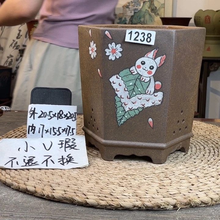 紫砂花盆 微微瑕柴烧彩绘六方1238