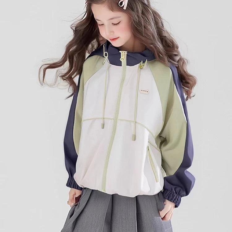 现货发·女童【连帽冲锋衣外套】春秋新款休闲时尚拼色儿童上衣