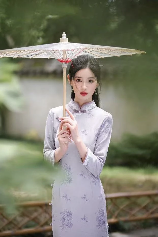 982紫 6-1-2 绿 3-2-2 国风中式长款秋季长袖旗袍 新款年轻款女复