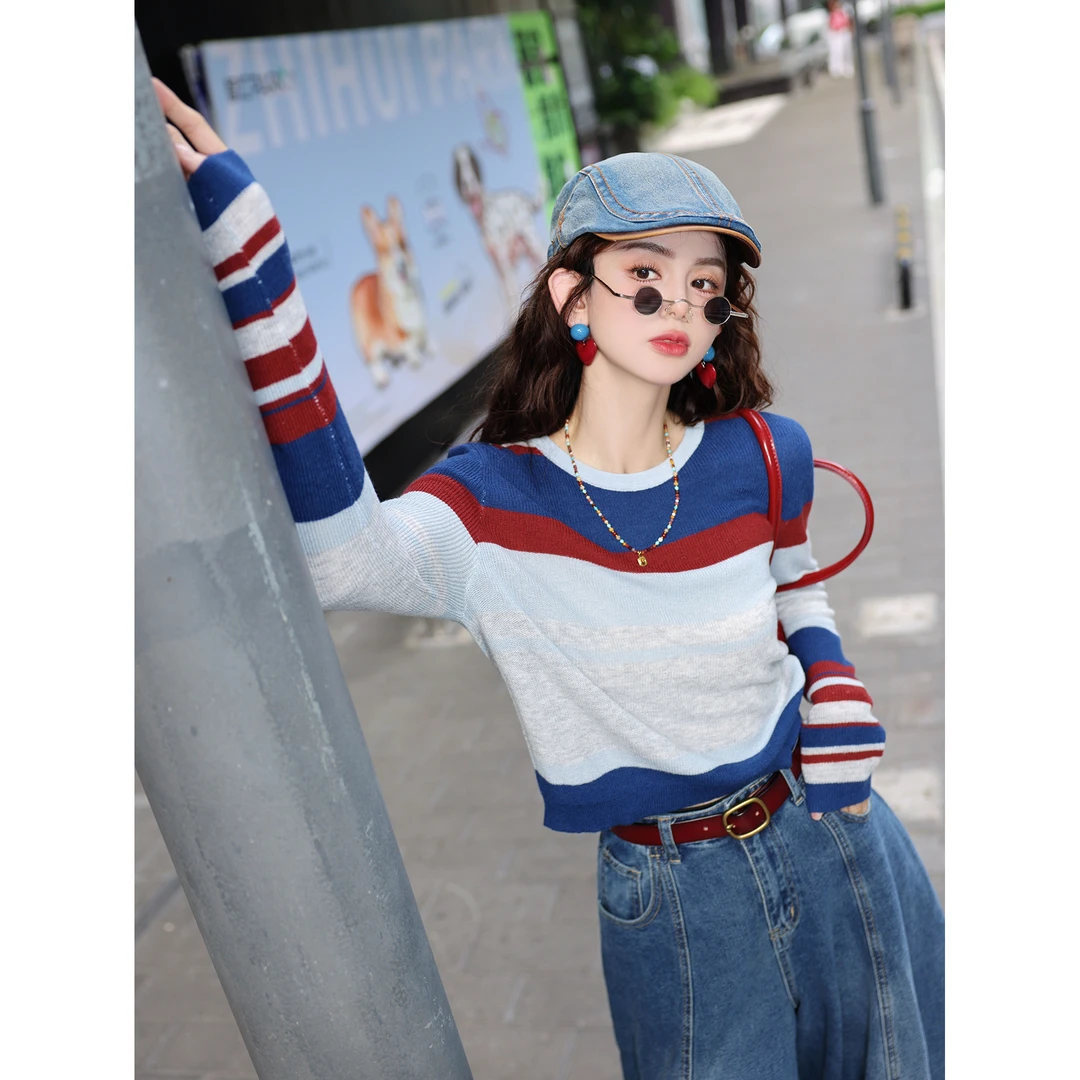 陈大器【海天霞影】港风复古条纹毛针织衫女显瘦百搭上衣JO1218214
