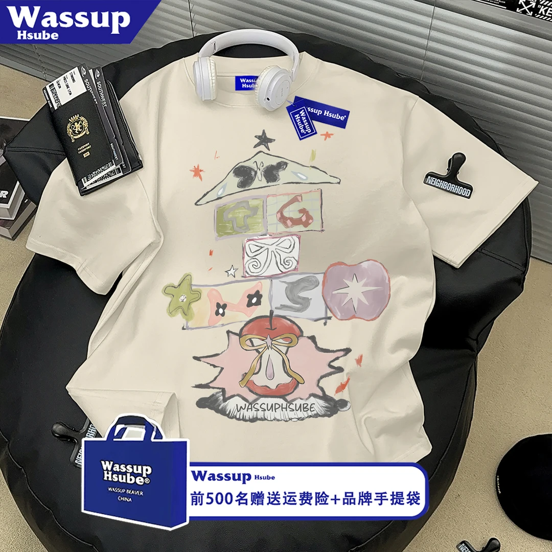 WASSUP HSUBE设计感蜡笔涂鸦印花趣味T恤男小众宽松短袖纯棉上衣