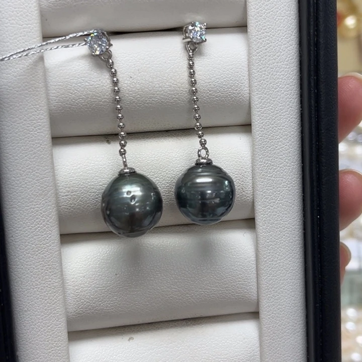 海水珍珠银S925镶嵌耳饰12-13mm 大溪地 14号
