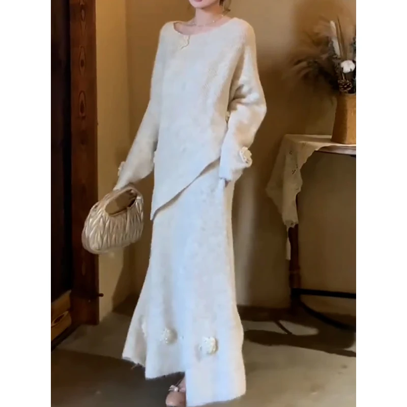 好看仙女氛围感套装2025秋季新款立体花朵不规则长袖上衣+半身裙