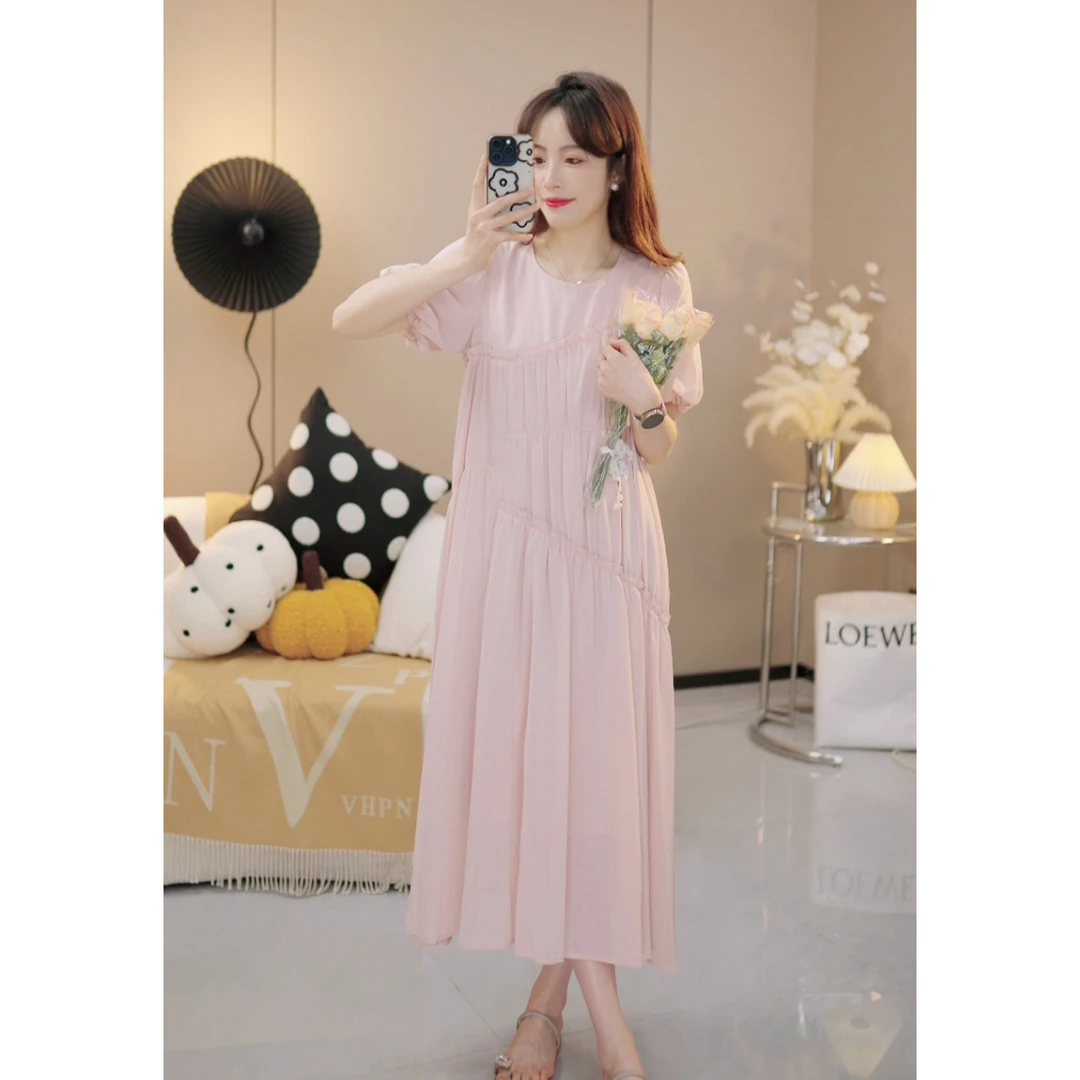 【温柔弥漫S】夏季新款温柔风短袖拼接木耳边气质显瘦连衣裙X086