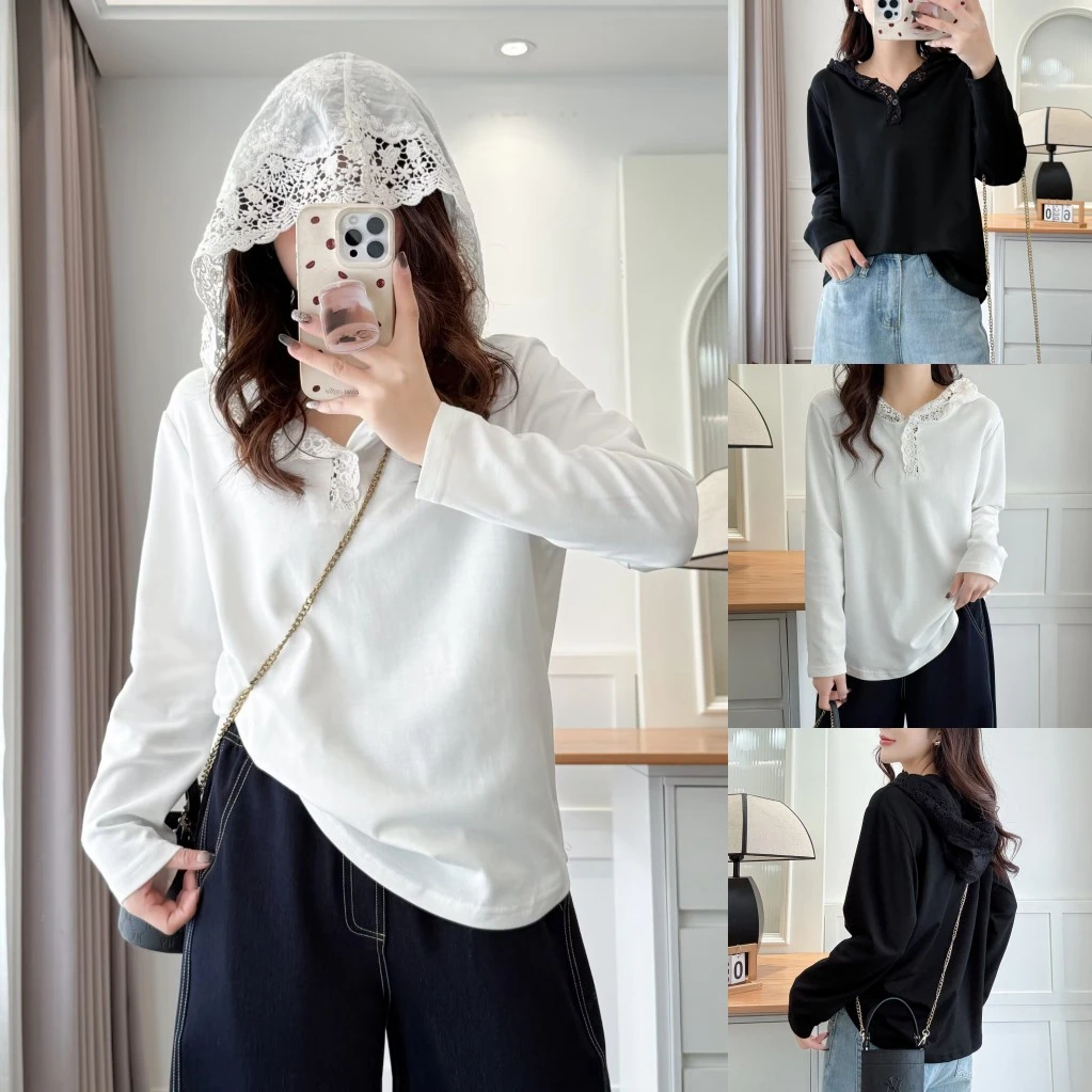 大码胖mm减龄百搭拼接蕾丝连帽打底衫女春季宽松遮肉正肩显瘦上衣