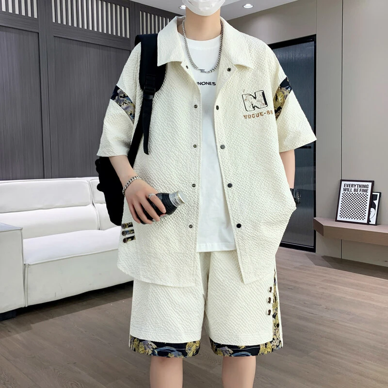 2025年新款夏装潮牌运动短袖t恤衬衫青少年休闲衬衣男士套装宽松