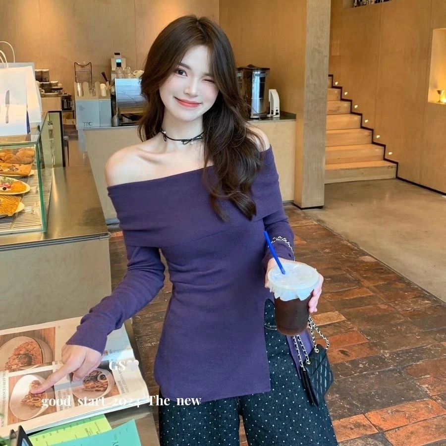 秋季长袖纯色落肩袖法式毛针织衫一字肩时尚针织设计感上衣