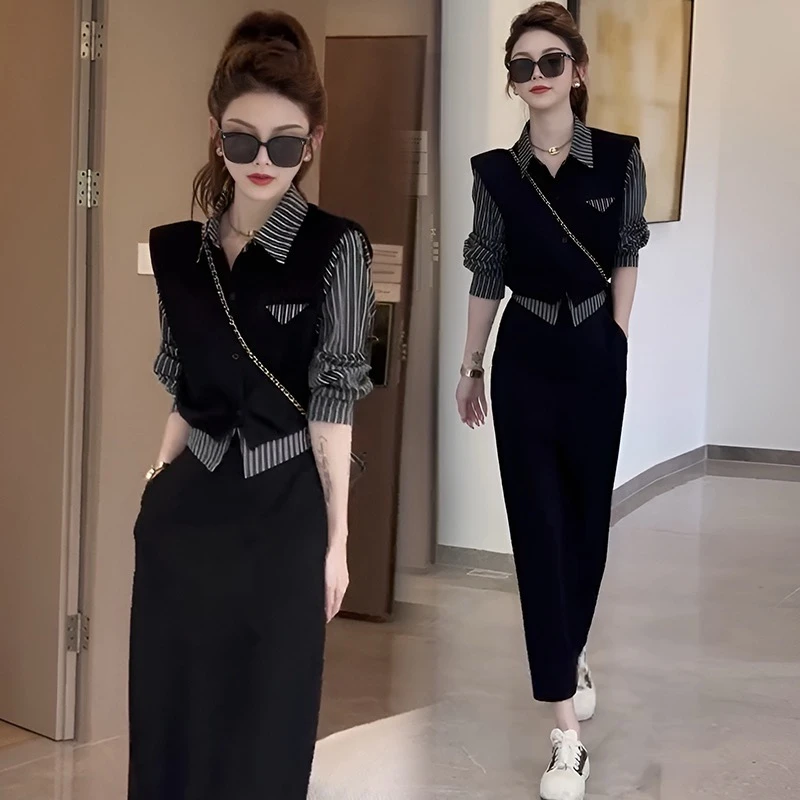 欧货拼接设计衬衫领卫衣套装2025春秋休闲高腰半身裙两件套
