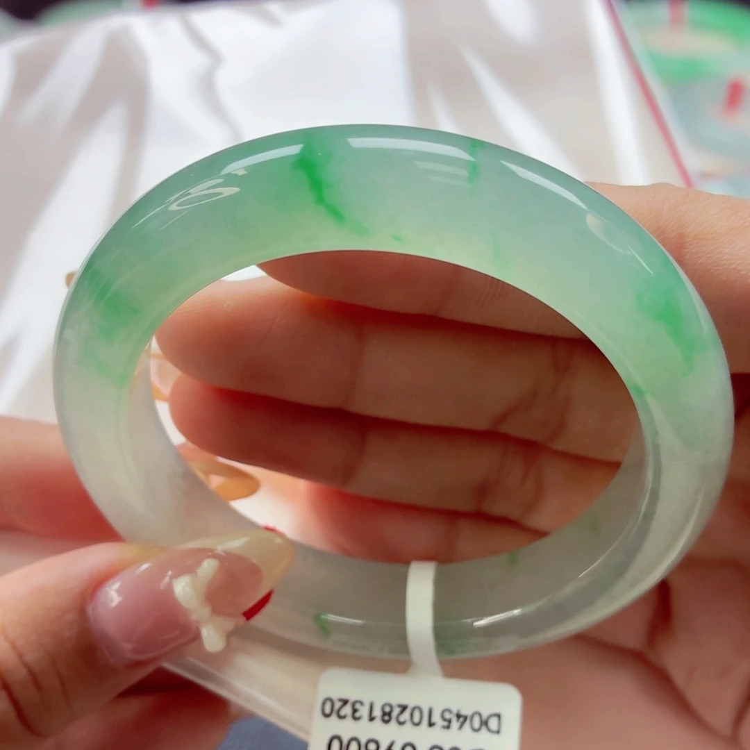 翡翠未镶嵌手镯68冰阳绿点翠上新53.5-10