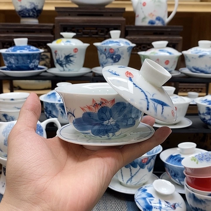 手绘悬停盖碗荷花釉下彩高温瓷微瑕福利款