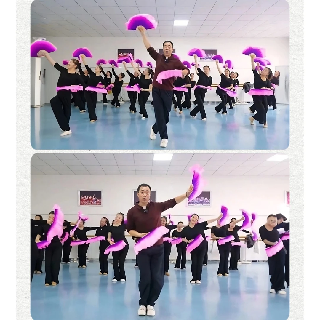 山西小花戏真丝舞蹈扇子玫红仿真丝正染舞扇双面表演秧歌扇