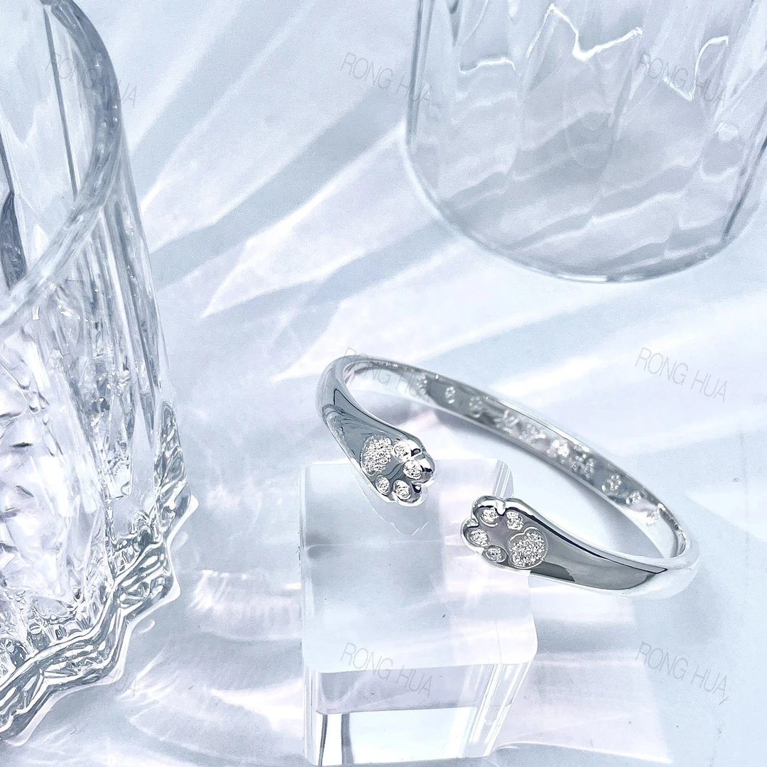 足银手镯 亮面猫爪手镯ins镯子气质女开口实心9999轻奢可爱百搭款