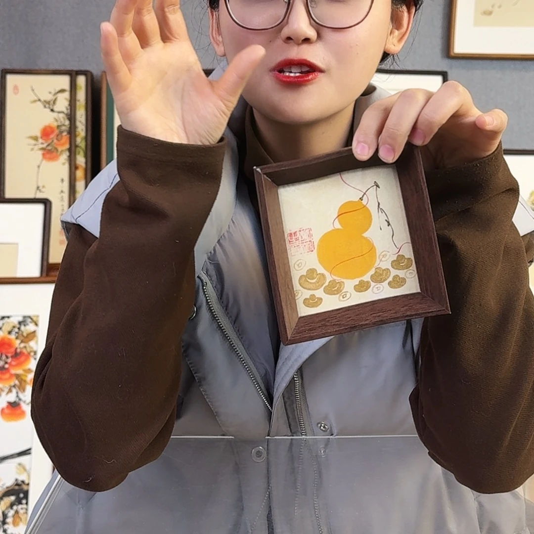 国画纯手绘，纯手写带框尺寸：12×12厘米