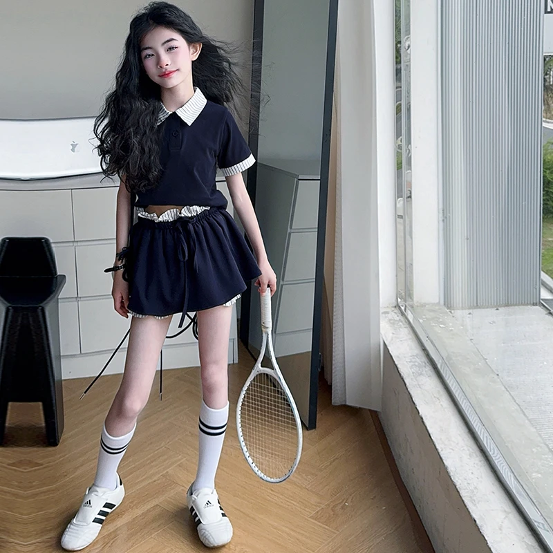 女童套装2025夏季新款中大童女孩服装夏装POLO衫裙裤少女风两件套