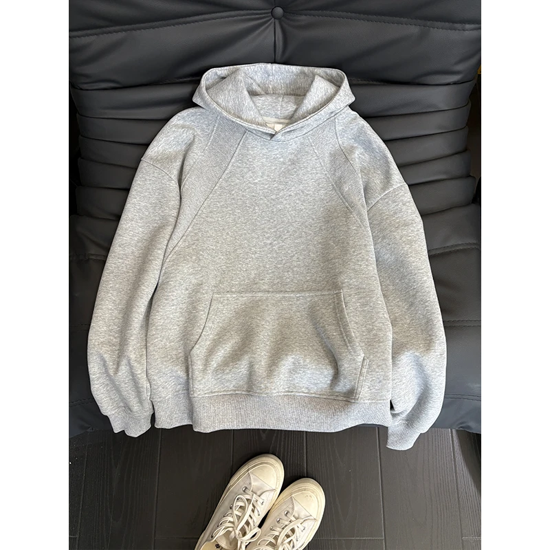 灰色短款boxy卫衣男秋季解构重磅硬挺连帽衫cleanfit美式廓形外套