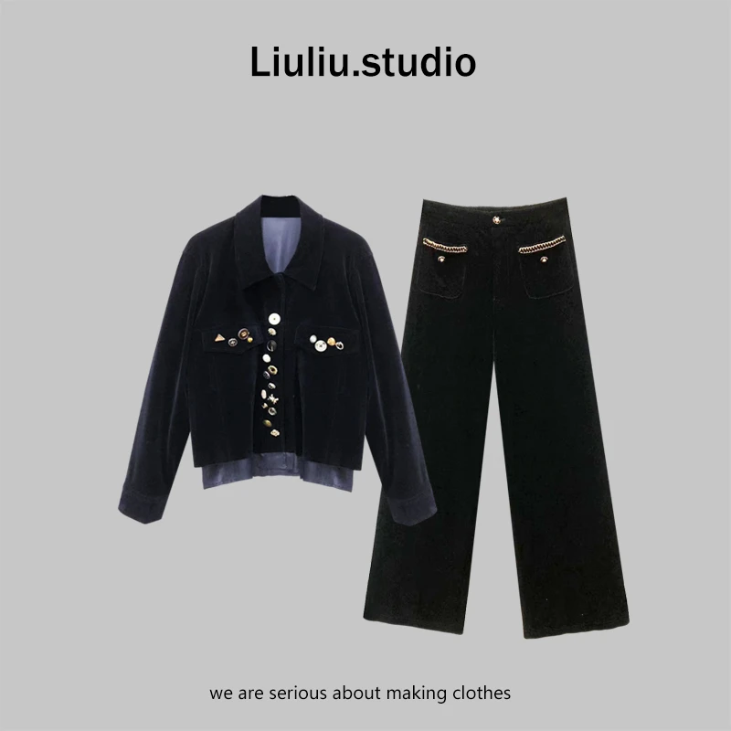 LiuLiu定制【鎏金奢韵】高级感炸街小香风轻奢外套+丝绒直筒裤套装