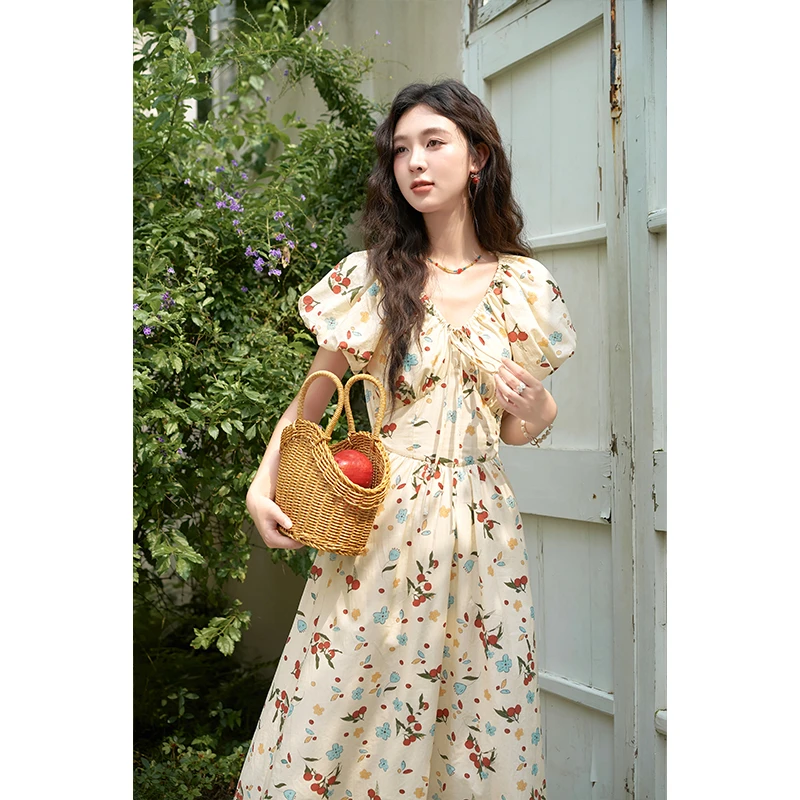 谜秀【梦境花园】新品法式温柔碎花连衣裙女2024夏季新款桔梗设计法