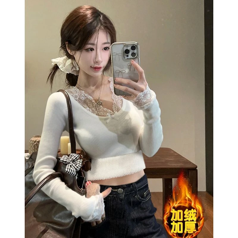 加绒加厚打底衫女内搭秋冬纯欲蕾丝辣妹轻熟保暖低领长袖上衣女