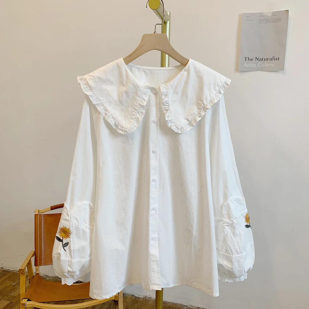 向日葵C4520刺绣花朵蕾丝边全开扣娃娃领衬衫