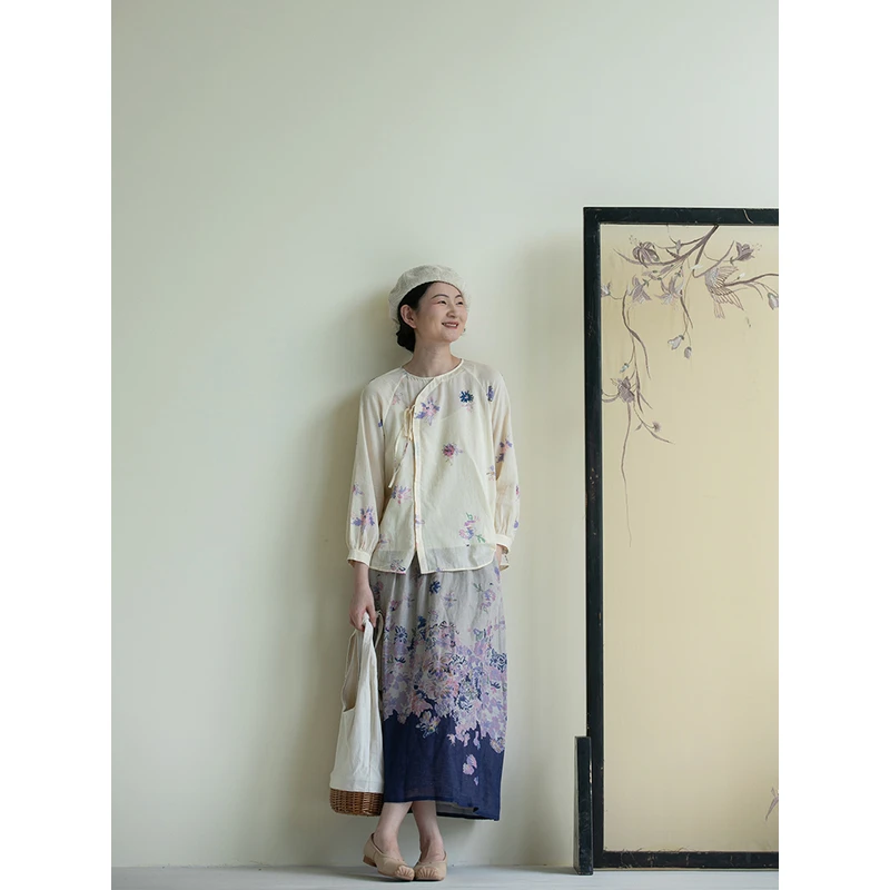 牧衣原创 印花纯棉衬衫女新款设计感文艺百搭中式套头小衫 清浅