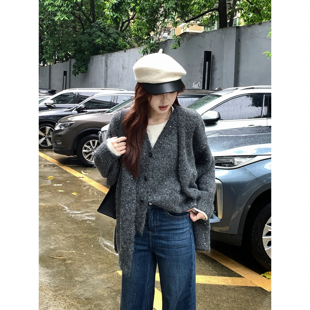 甜辣多多【银河散落】细闪针织开衫女秋冬软糯百搭羊毛衫两件套