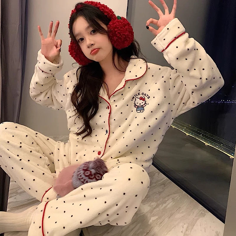 婷～宝宝绒秋冬新款撞色睡衣女亲肤保暖套装