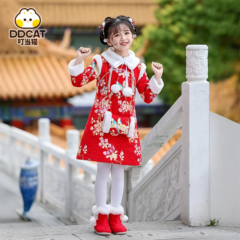 叮当猫汉服女孩子冬装唐装女童冬季新款儿童国风连衣裙过年拜年服