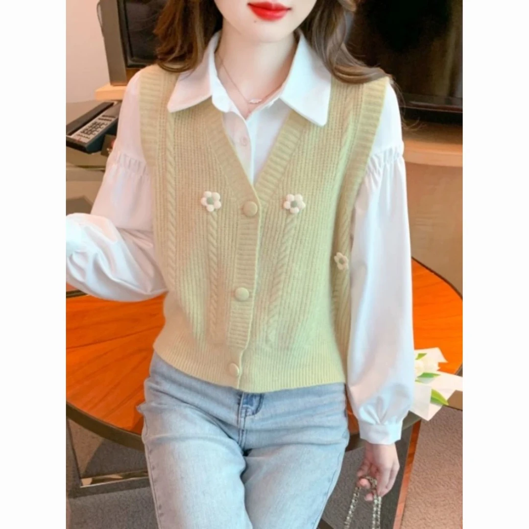 两件套气质针织开衫衬衫2025秋季女士感小新款洋装马甲外搭