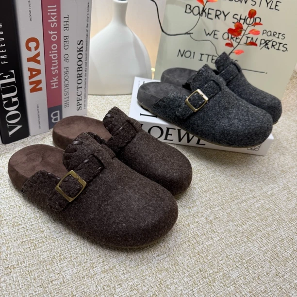 勃肯鞋女款秋冬新款绒面百搭半拖外穿一脚蹬灰色拖鞋包头拖