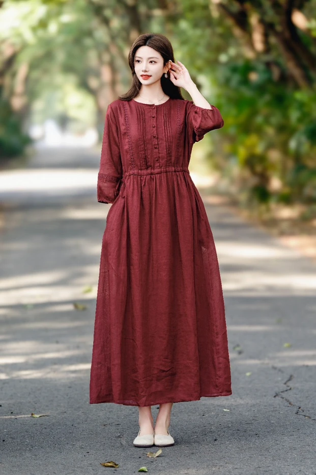 复古文艺苎麻圆领风褶琴蕾丝拼接抽绳双层纯色连衣裙女JS 8669