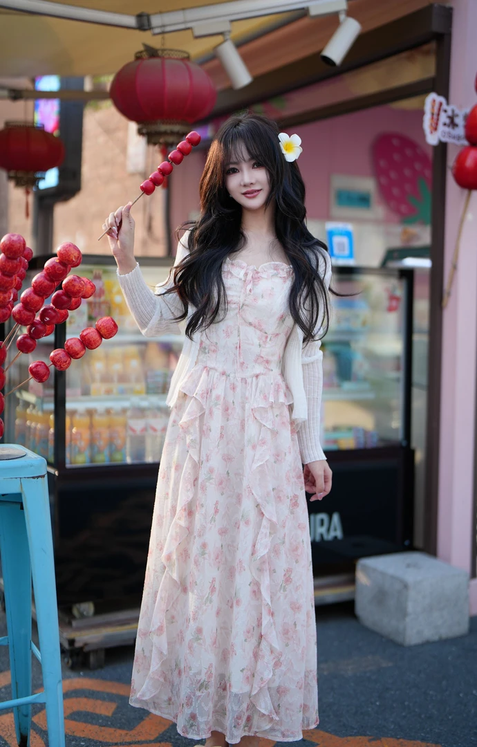 【禾冉冉】少女风田园风时尚显瘦气质高腰长裙吊带裙小众法式法式