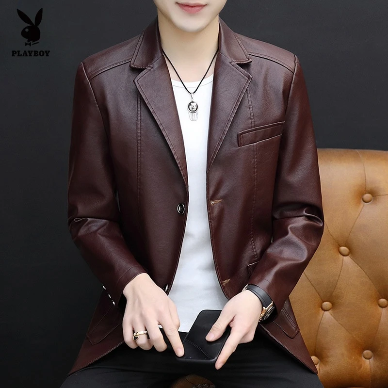 花花公子春秋季青年高档男皮夹克外套宽松休闲潮流痞帅机车服皮衣