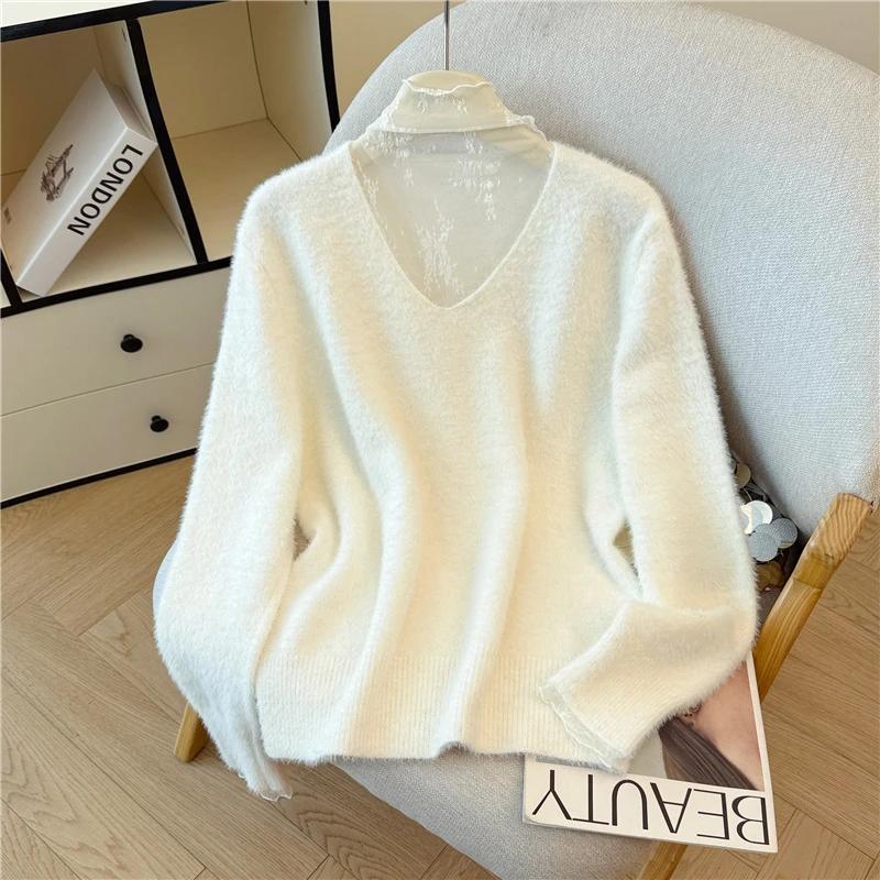 SM潮流软糯蕾丝半高领温柔水貂绒打底毛衣女秋冬新款慵懒风针织衫