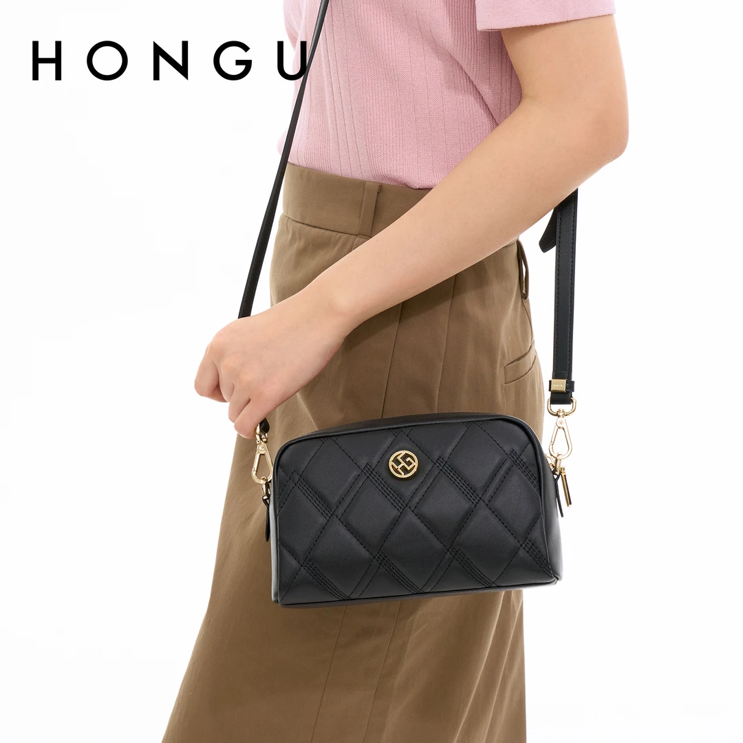 HONGU/红谷时尚新款真皮菱格斜挎小方包牛皮小香风盒子包H5125974