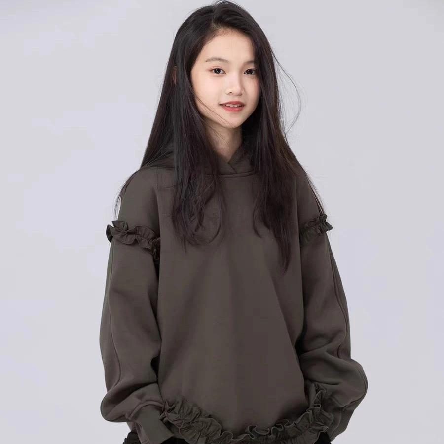 小小大星球童装 精选密绒木耳花边卫衣 秋冬女童俏皮宽松连帽上衣