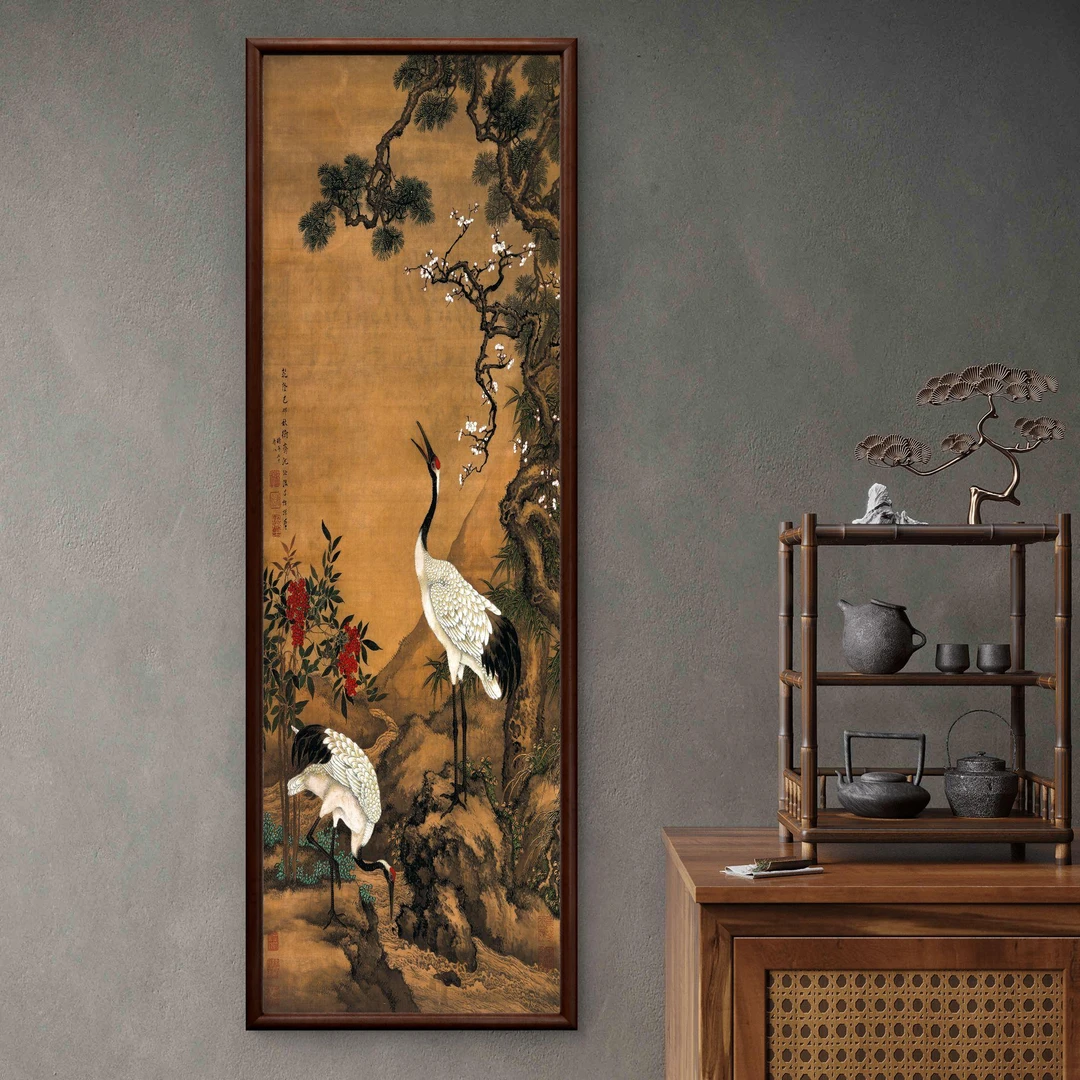 049-40*120松梅双鹤图中式装饰画实木玄关书房茶室客厅挂画