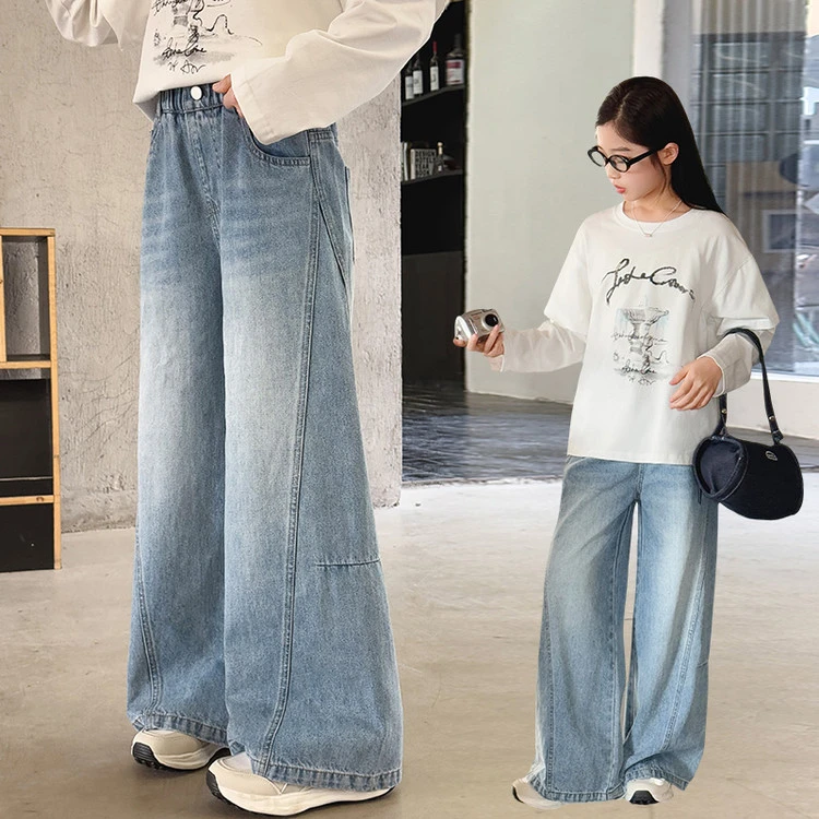 春秋季女童宽松直筒裤春款女孩百搭牛仔裤秋寄高腰裤显瘦韩版童装