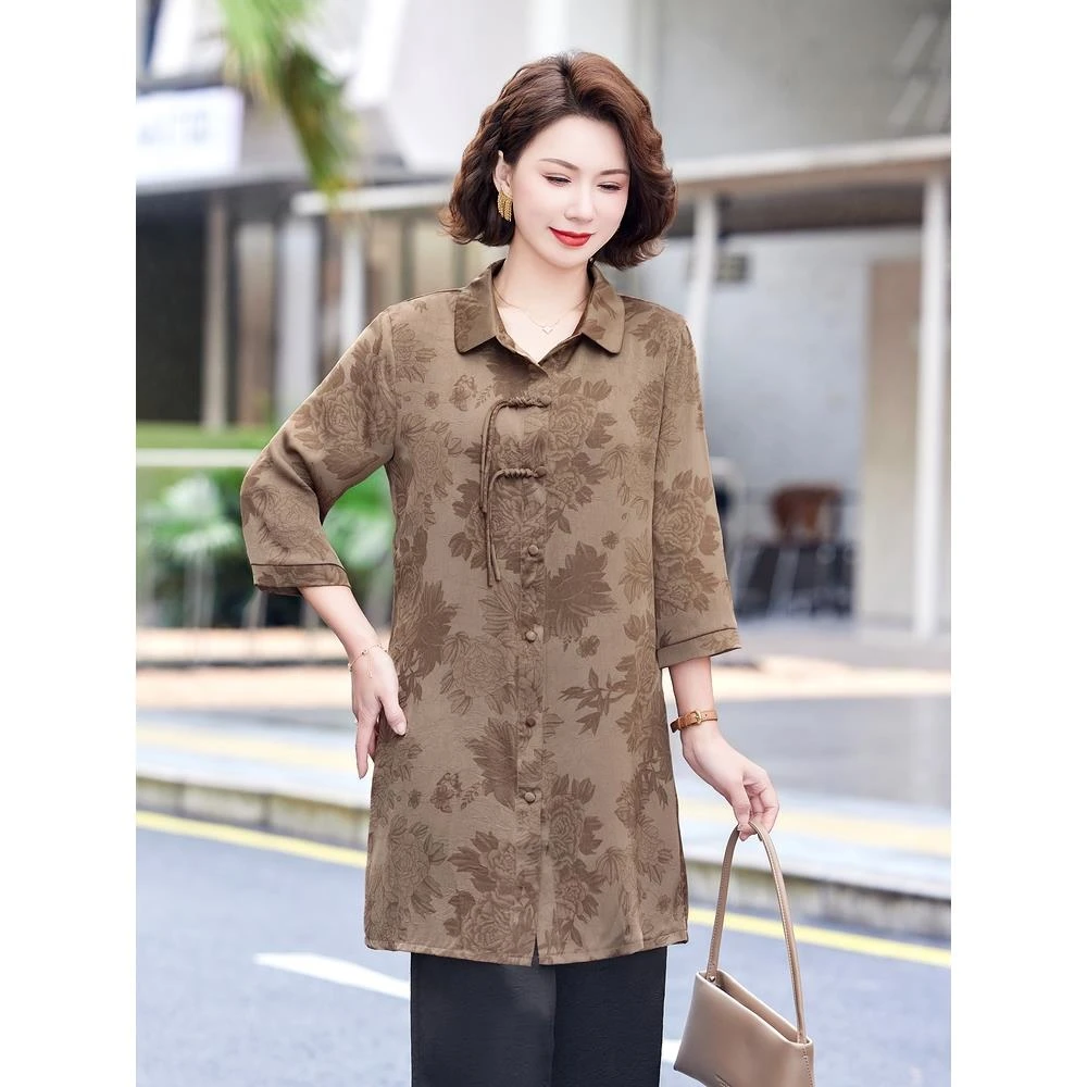 中年妈妈装春夏国风衬衫中长款2025新款洋气中老年女装小衫上衣服