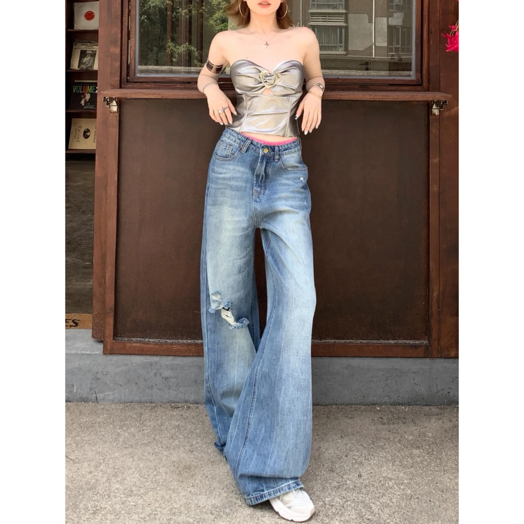 微胖mm水洗蓝色高腰牛仔裤女夏季新款破洞设计感松弛拖地直筒长裤